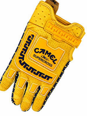 Gants LIFE-LINE CAMEL JT Racing Jaune – détail dessus et logo CAMEL Supercross