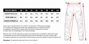 Guide des tailles Pantalon JT Racing en cm