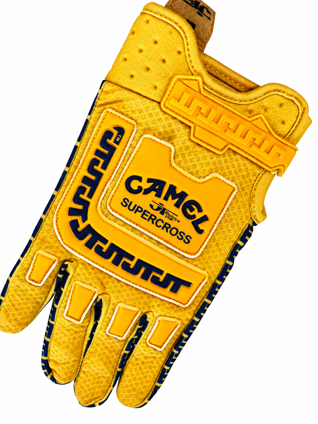 Gants LIFE-LINE CAMEL JT Racing Jaune – détail dessus et logo CAMEL Supercross