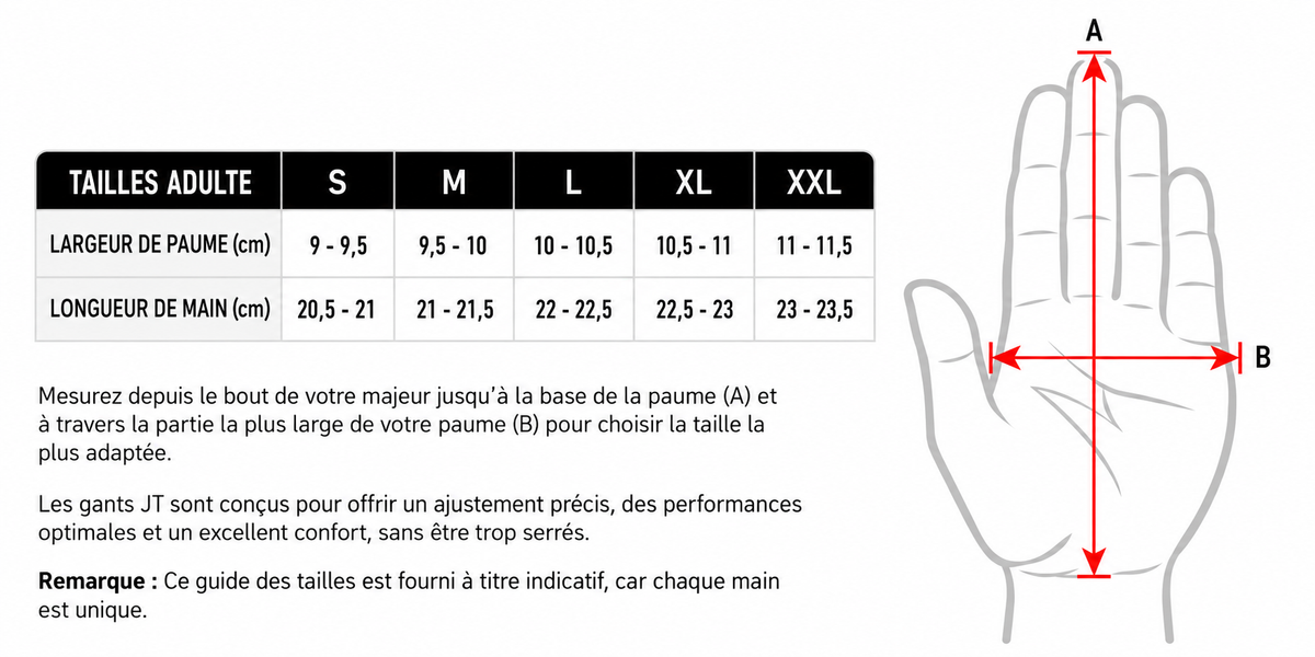 Guide des tailles Gants JT Racing en cm