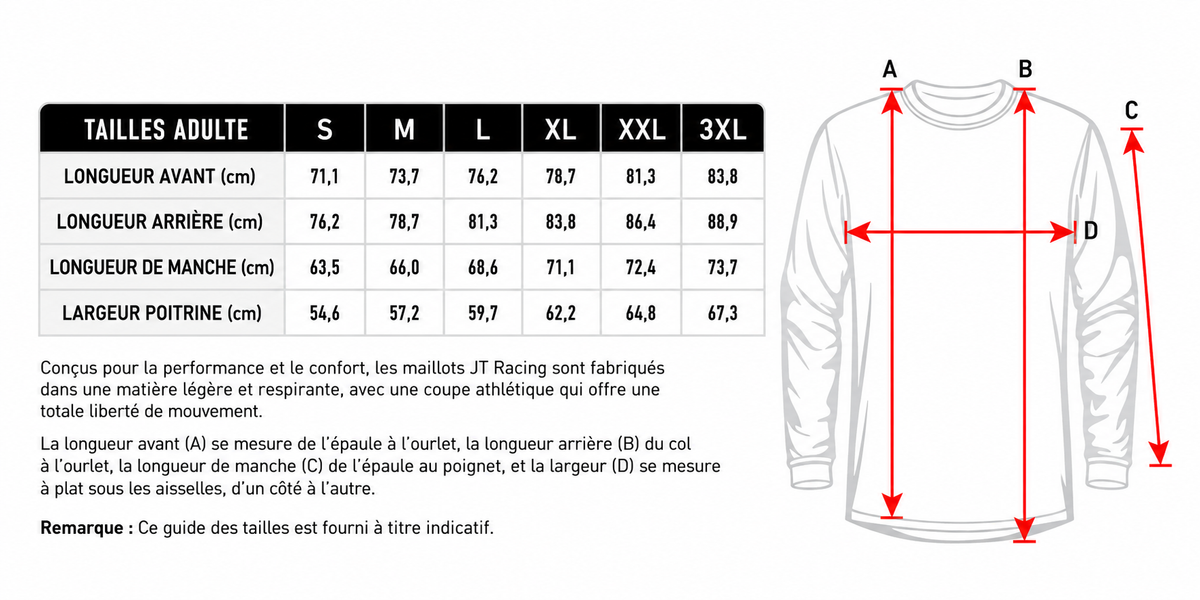 Guide des tailles Jersey JT Racing en cm