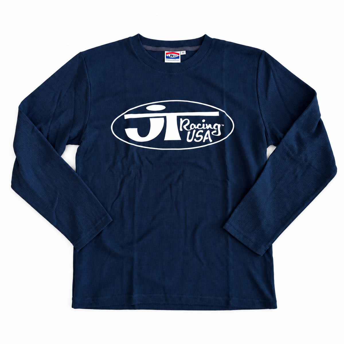 Maillot JT Racing Waffle Classic blue, vue de face, sérigraphie blanche sur bleu marine