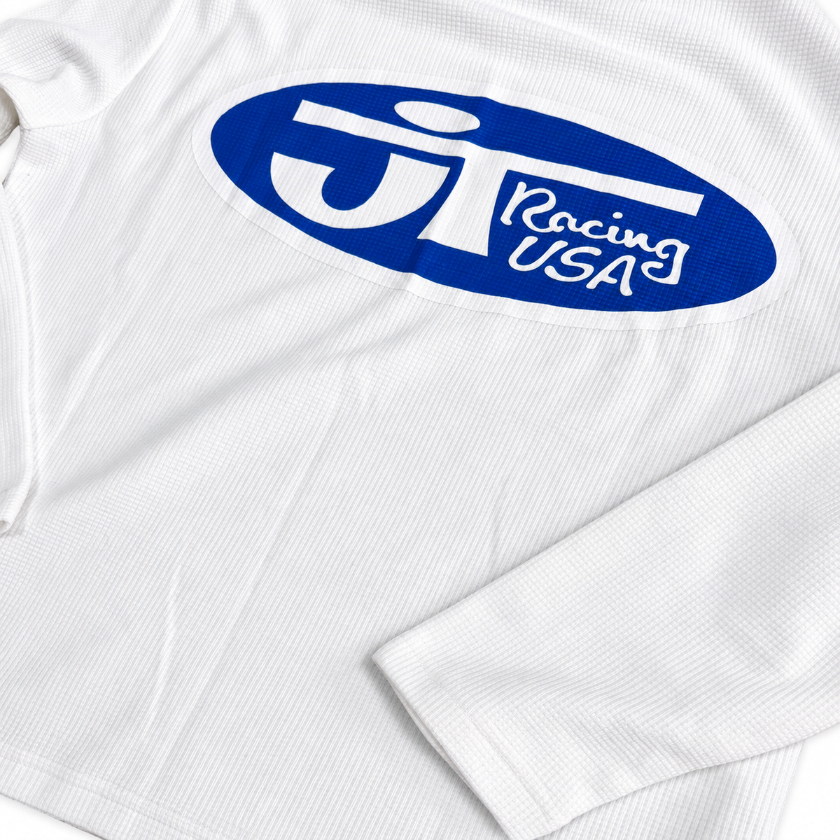 Sérigraphie bleue dans le dos et manche longue du maillot JT Racing Waffle blanc