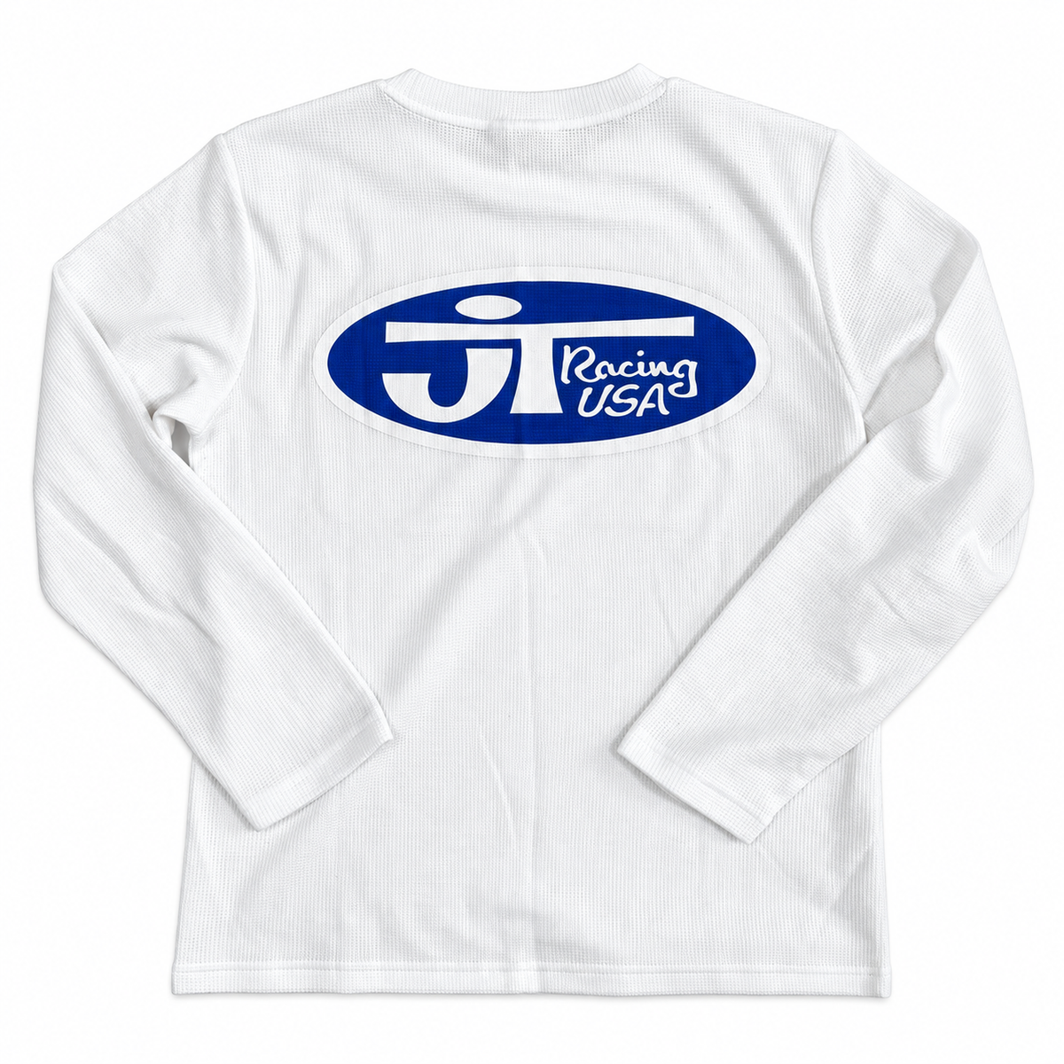 Maillot JT Racing Waffle Classic white, vue de dos avec grande sérigraphie bleue JT Racing USA