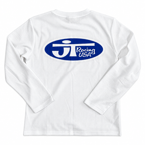 Maillot JT Racing Waffle Classic white, vue de dos avec grande sérigraphie bleue JT Racing USA